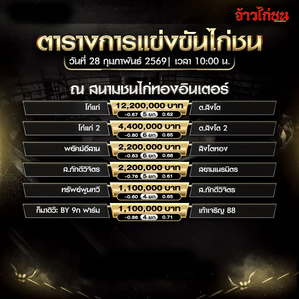 ตารางการแข่งขันไก่ชน สนามชนไก่ทองอินเตอร์ วันที่ 28 กุมภาพันธ์ 2569