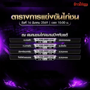โปรแกรมไก่ชนวันนี้ สนามชนไก่บึงทับแต้ 16 มีนาคม 2569