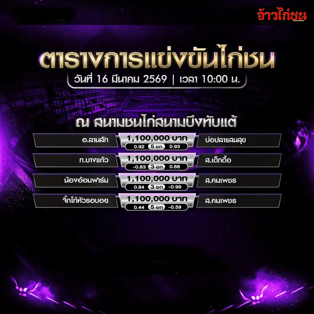 โปรแกรมไก่ชนวันนี้ สนามชนไก่บึงทับแต้ 16 มีนาคม 2569