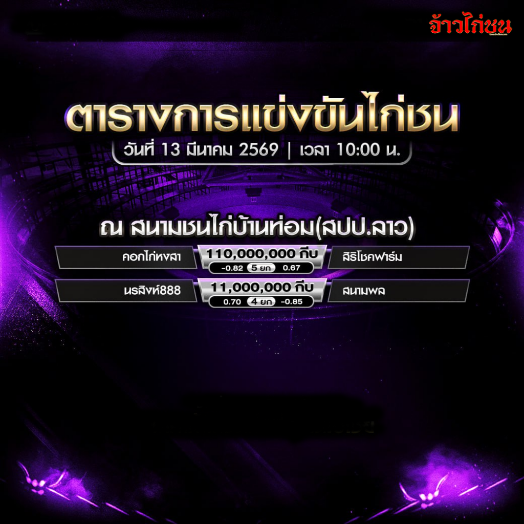 ตารางการแข่งขันไก่ชน สนามชนไก่บ้านท่อม วันที่ 13 มีนาคม 2569