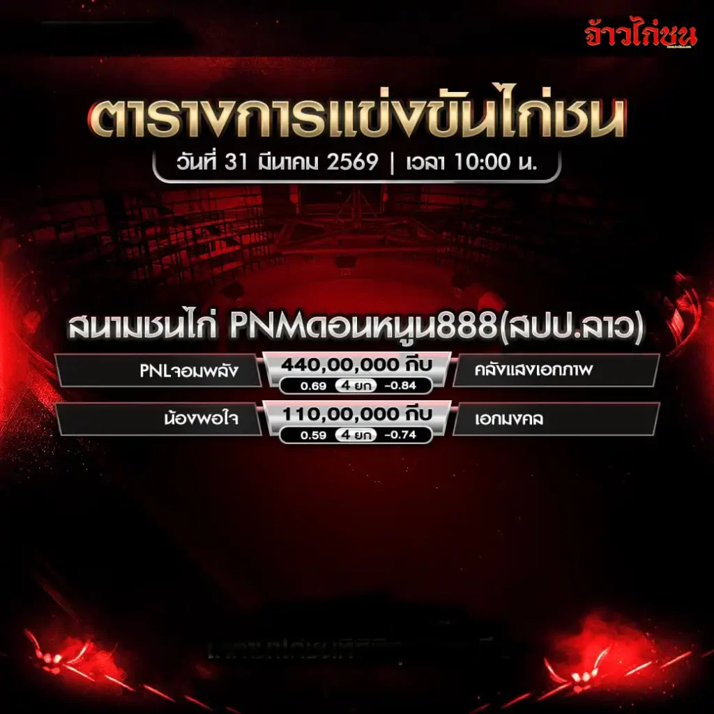 โปรแกรมไก่ชน PNM ดอนหนูน 888 31 มีนาคม 2569