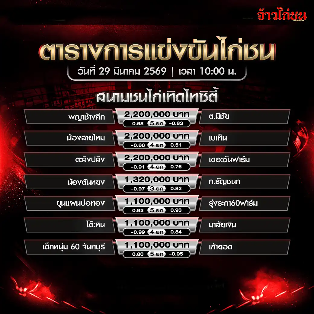 โปรแกรมไก่ชน เทิดไทซิตี้ 29 มีนาคม 2569