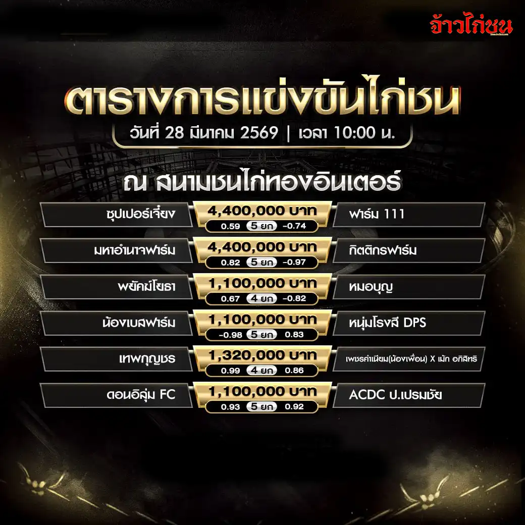 โปรแกรมไก่ชน สนามชนไก่ทองอินเตอร์ 28 มีนาคม 2569