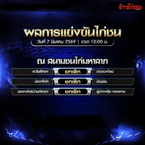 สรุปผลไก่ชน สนามชนไก่มหาลาภ วันที่ 7 มีนาคม 2569 ผลการแข่งขันไก่ชน