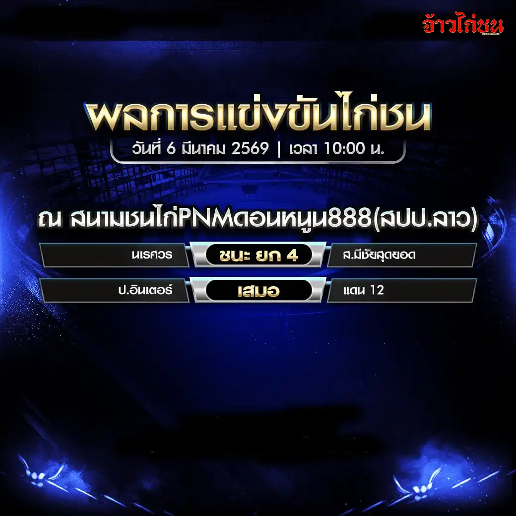 ผลการแข่งขันไก่ชน สนาม PNM ดอนหนูน888 วันที่ 6 มีนาคม 2569