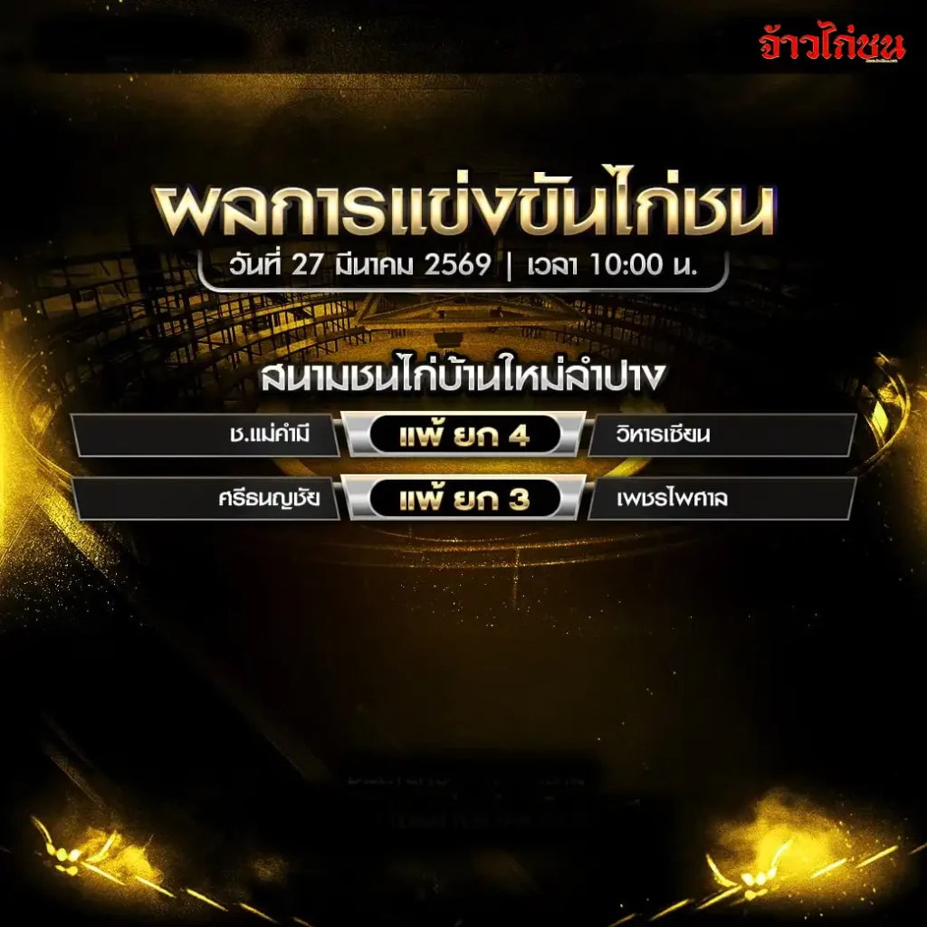 สรุปผลไก่ชน สนามบ้านใหม่ลำปาง 27 มีนาคม 2569