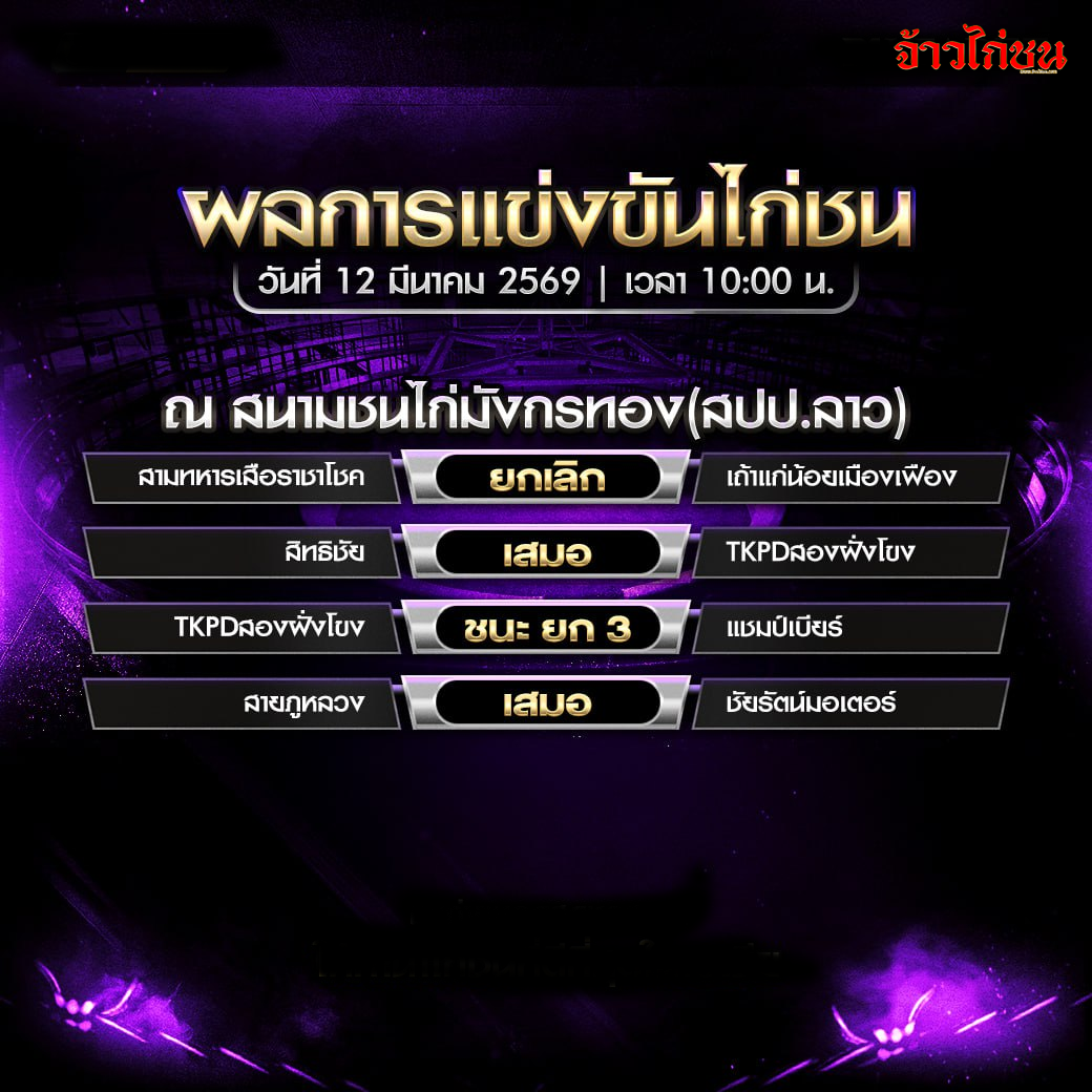 สรุปผลไก่ชน สนามชนไก่มังกรทอง สปป.ลาว วันที่ 12 มีนาคม 2569