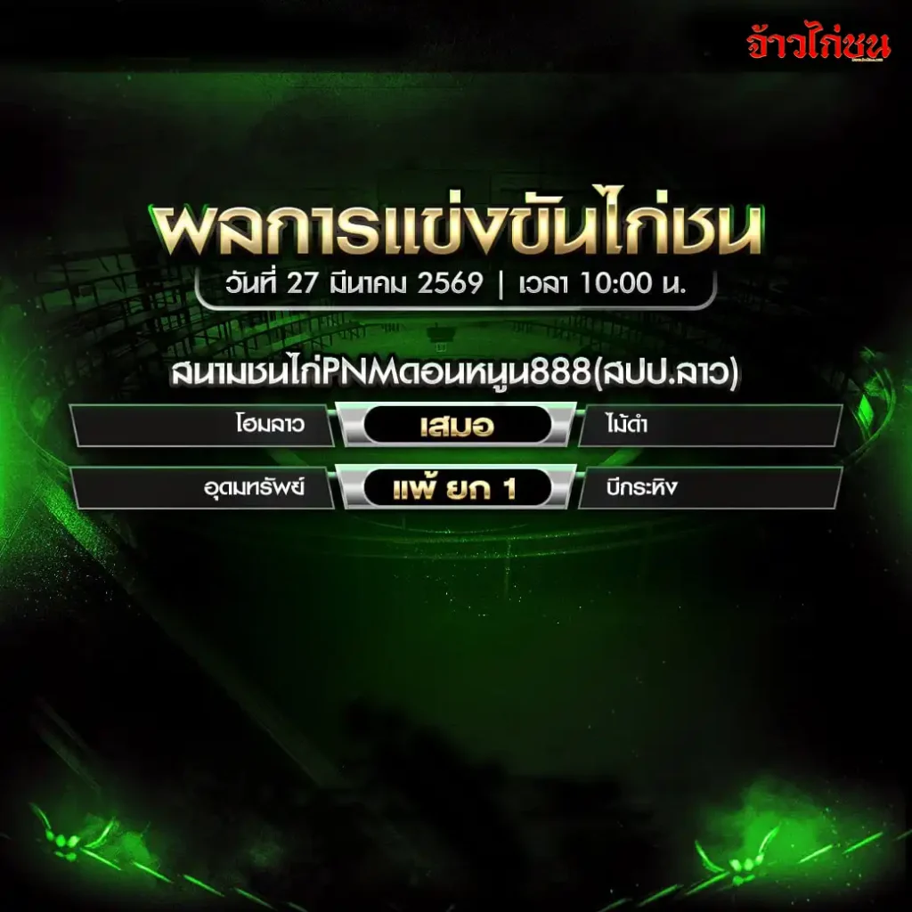 สรุปผลไก่ชน สนาม PNM ดอนหนูน 888 วันที่ 27 มีนาคม 2569