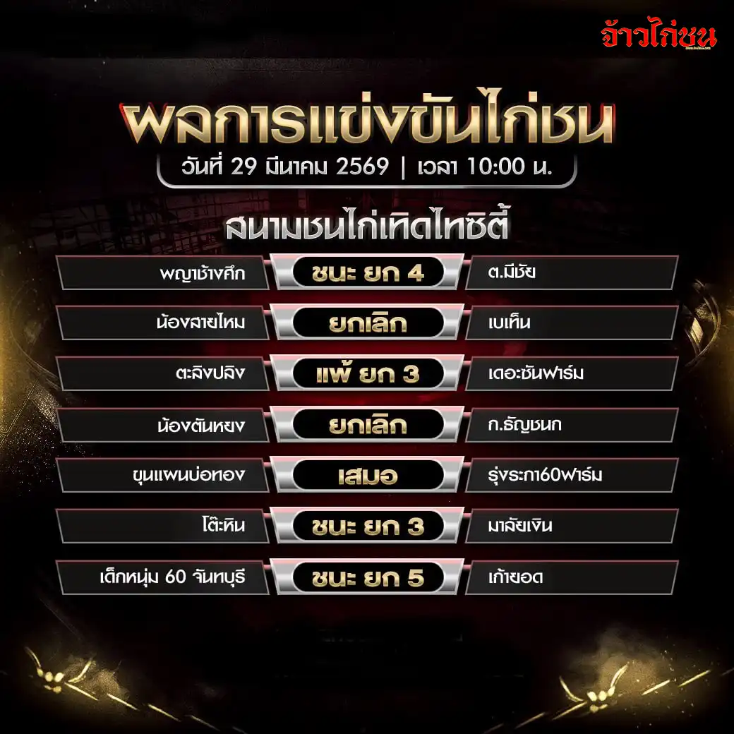 สรุปผลไก่ชนวันนี้ สนามชนไก่เทิดไทซิตี้ 29 มีนาคม 2569