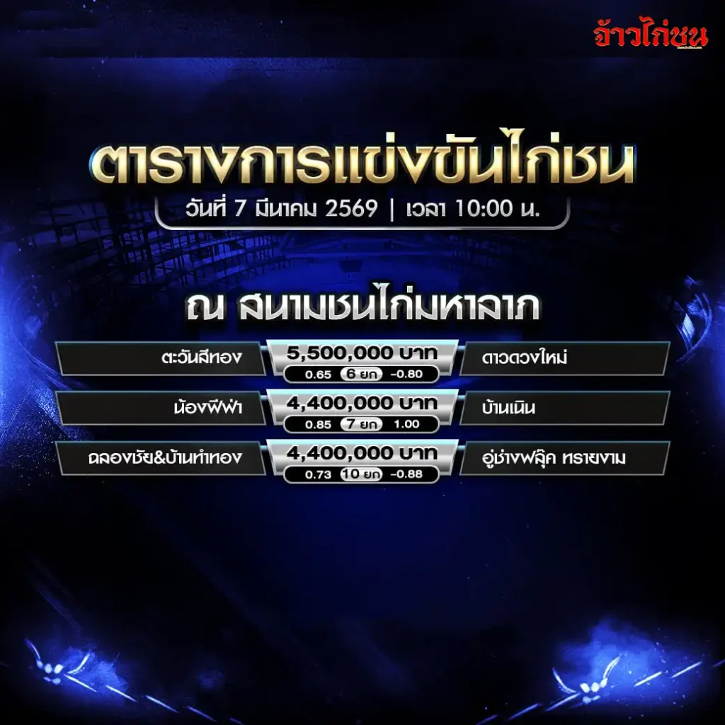 ตารางการแข่งขันไก่ชน สนามชนไก่นานาภาค 7 มีนาคม 2569