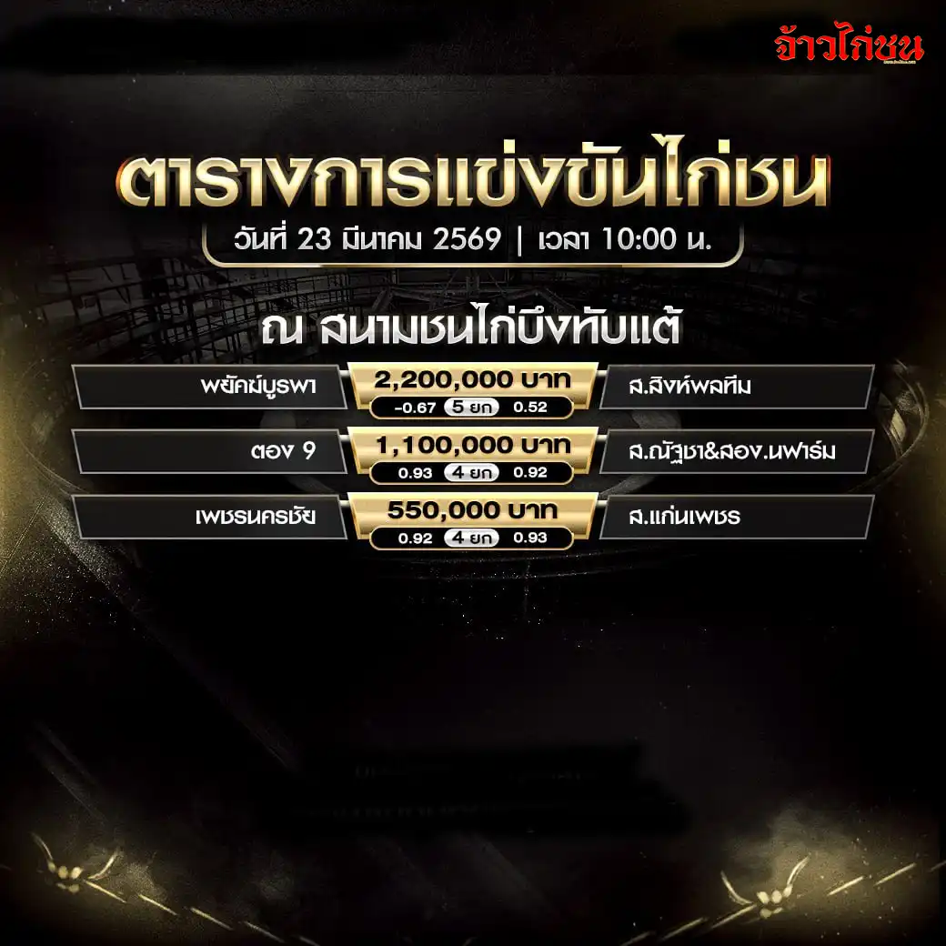 โปรแกรมไก่ชนวันนี้ สนามบึงทับแต้ 23 มีนาคม 2569