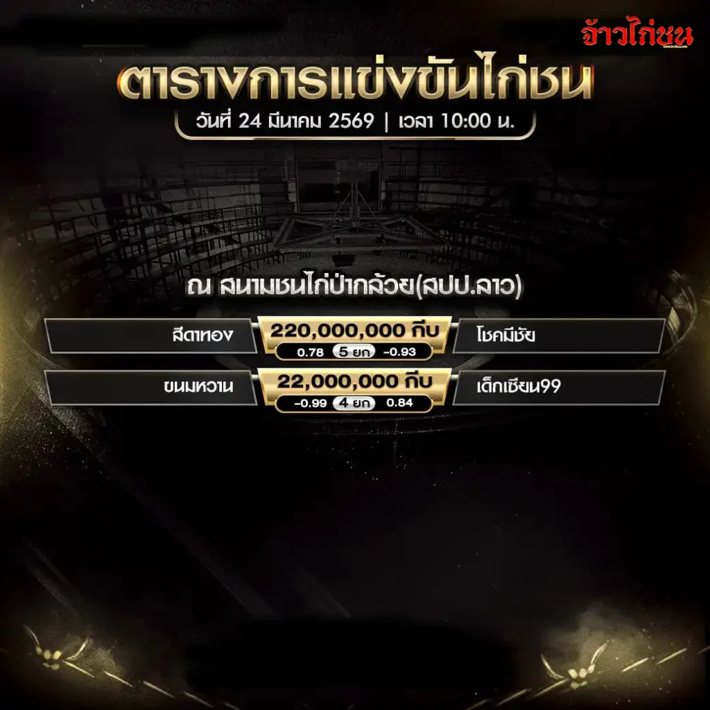โปรแกรมไก่ชนวันนี้ สนามป่ากล้วย 24 มีนาคม 2569