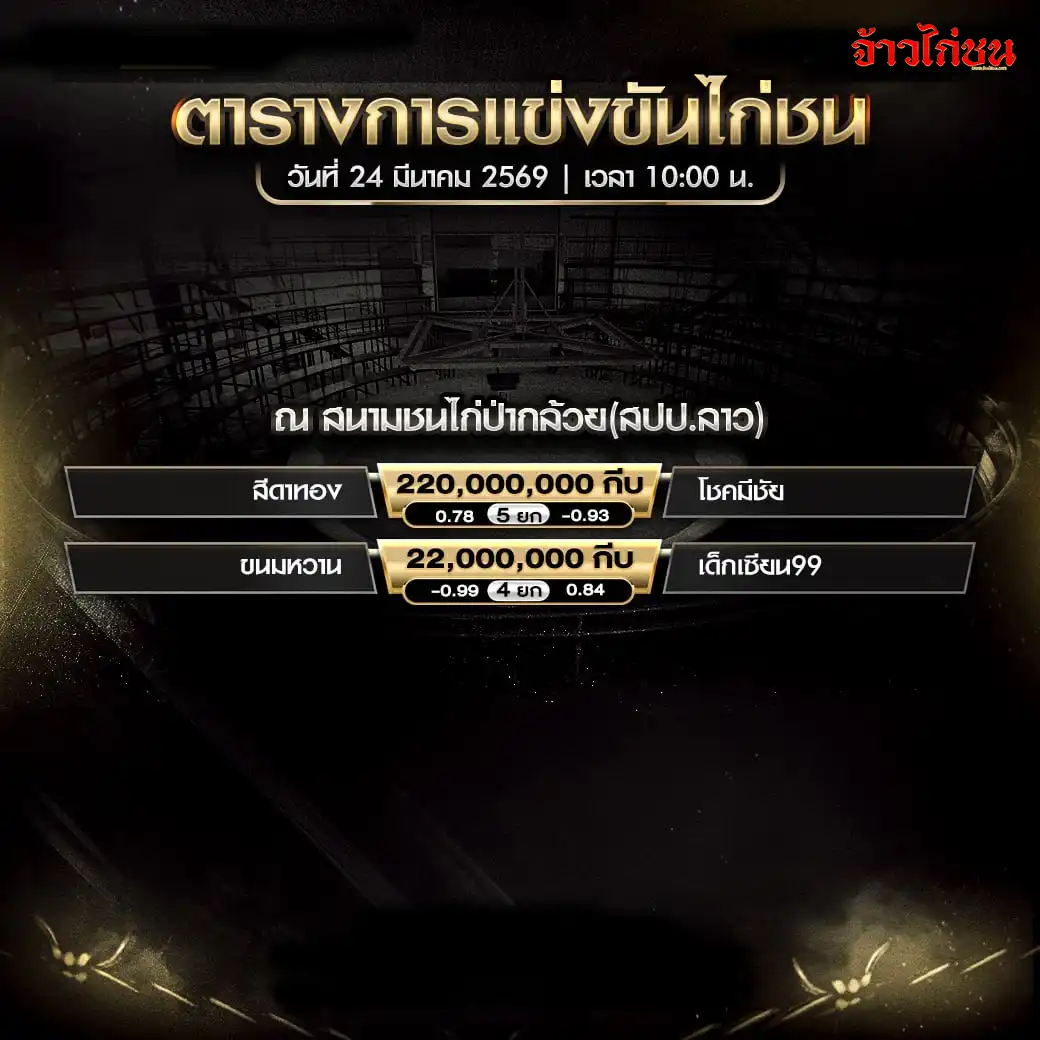 โปรแกรมไก่ชนวันนี้ สนามป่ากล้วย 24 มีนาคม 2569