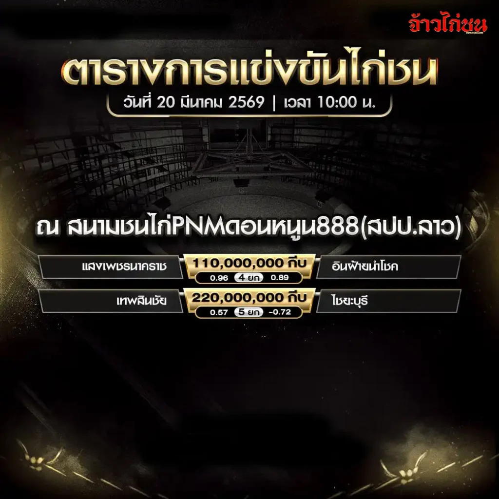 โปรแกรมไก่ชนวันนี้ สนาม PNM ดอนหนูน888 20 มีนาคม 2569
