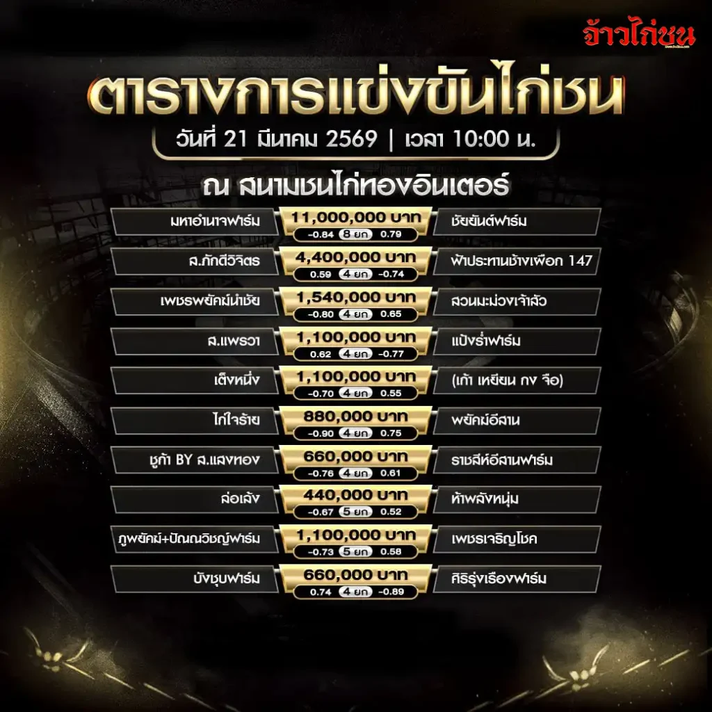 โปรแกรมไก่ชนวันนี้ สนามทองอินเตอร์ 21 มีนาคม 2569