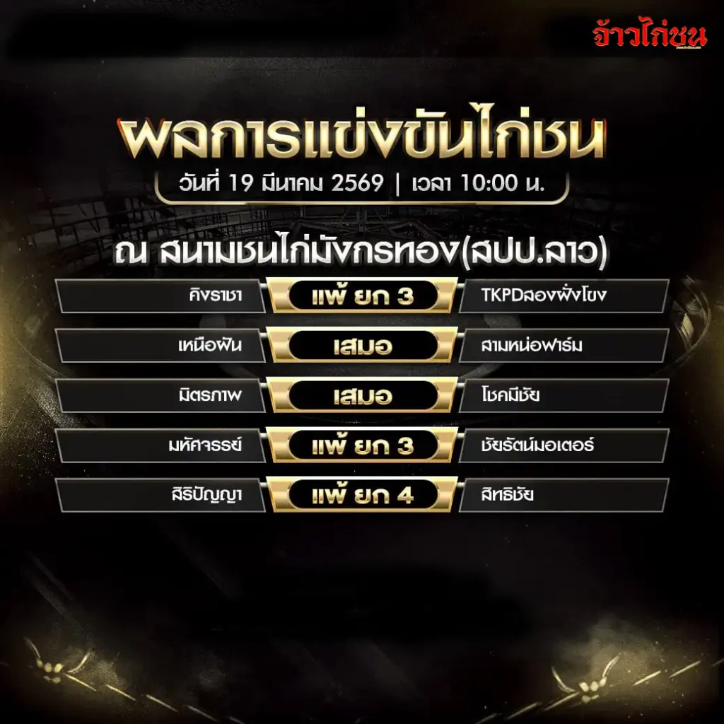 สรุปผลไก่ชนวันนี้ สนามชนไก่มังกรทอง 19 มีนาคม 2569