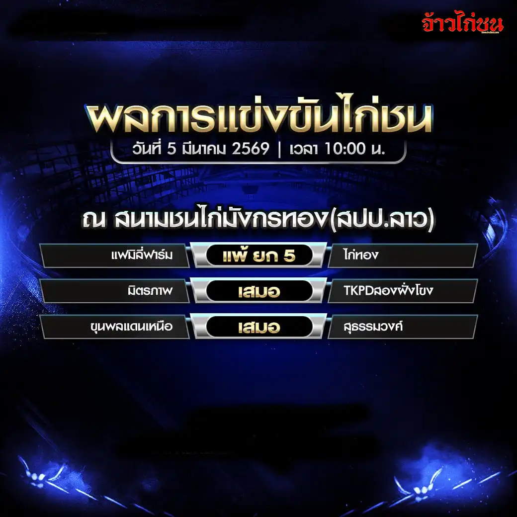 สรุปผลไก่ชน สนามชนไก่มังกรทอง สปป.ลาว วันที่ 5 มีนาคม 2569