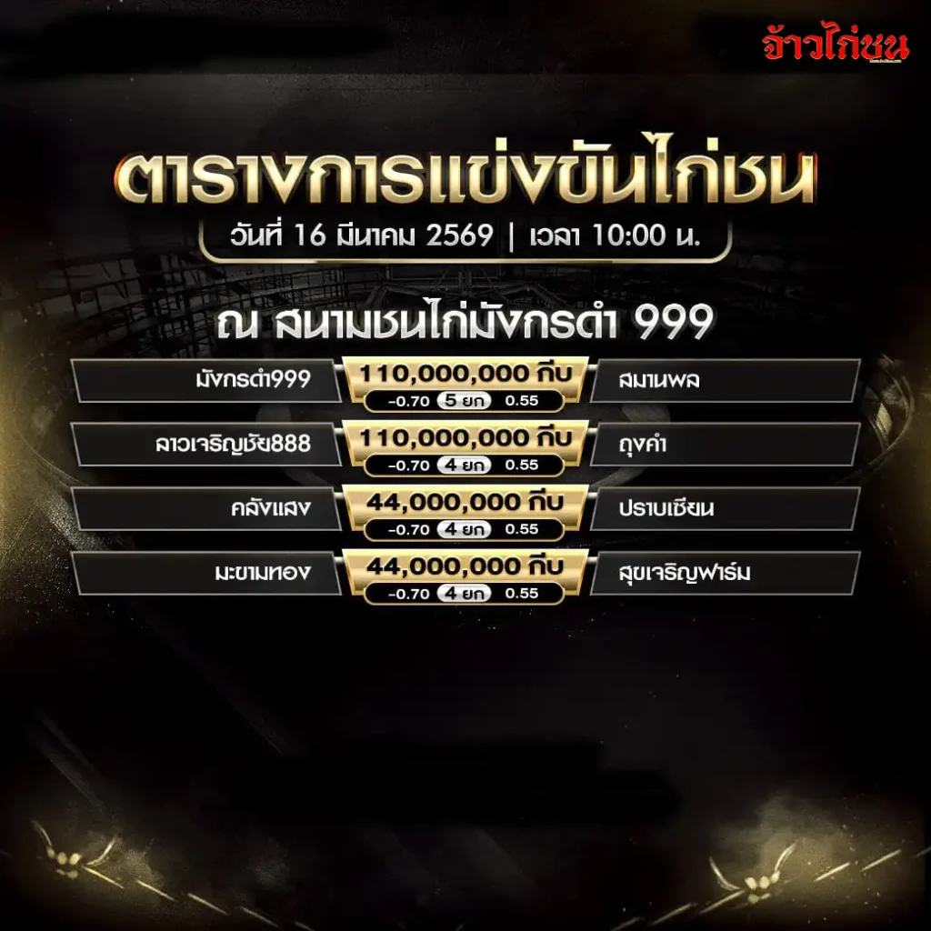 โปรแกรมไก่ชนวันนี้ สนามมังกรดำ999 สปป.ลาว 16 มีนาคม 2569