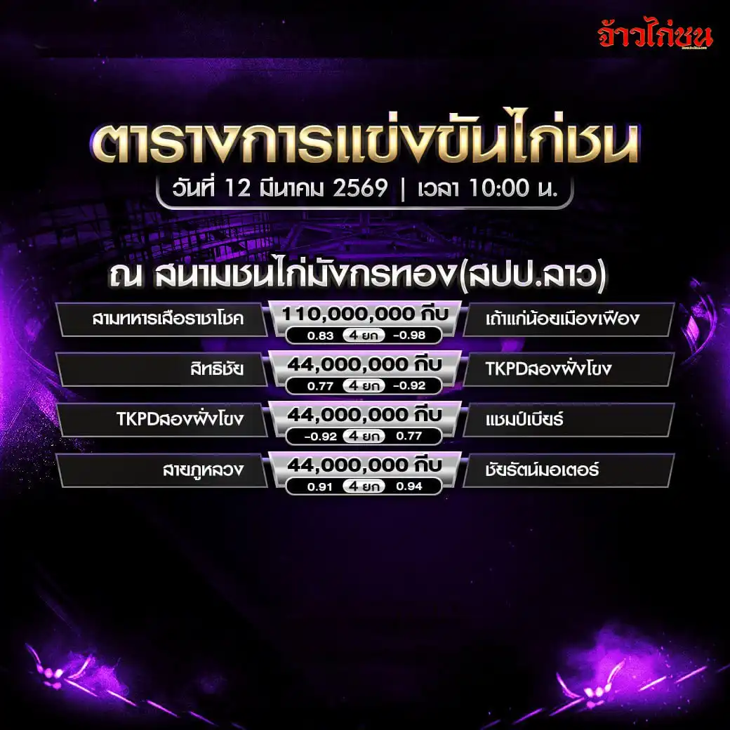 ตารางการแข่งขันไก่ชน สนามชนไก่มังกรทอง สปป.ลาว วันที่ 12 มีนาคม 2569