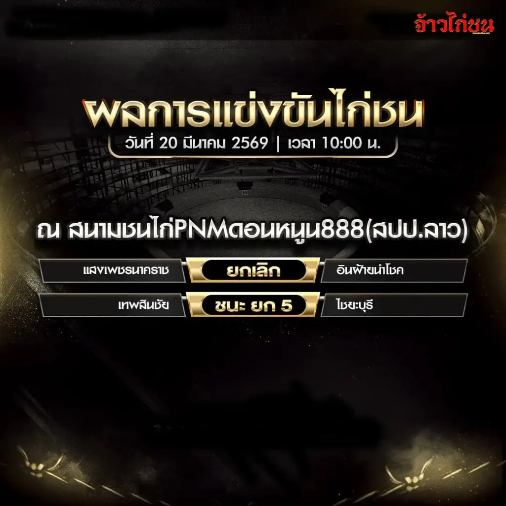 สรุปผลไก่ชน PNM ดอนหนูน888 วันที่ 20 มีนาคม 2569