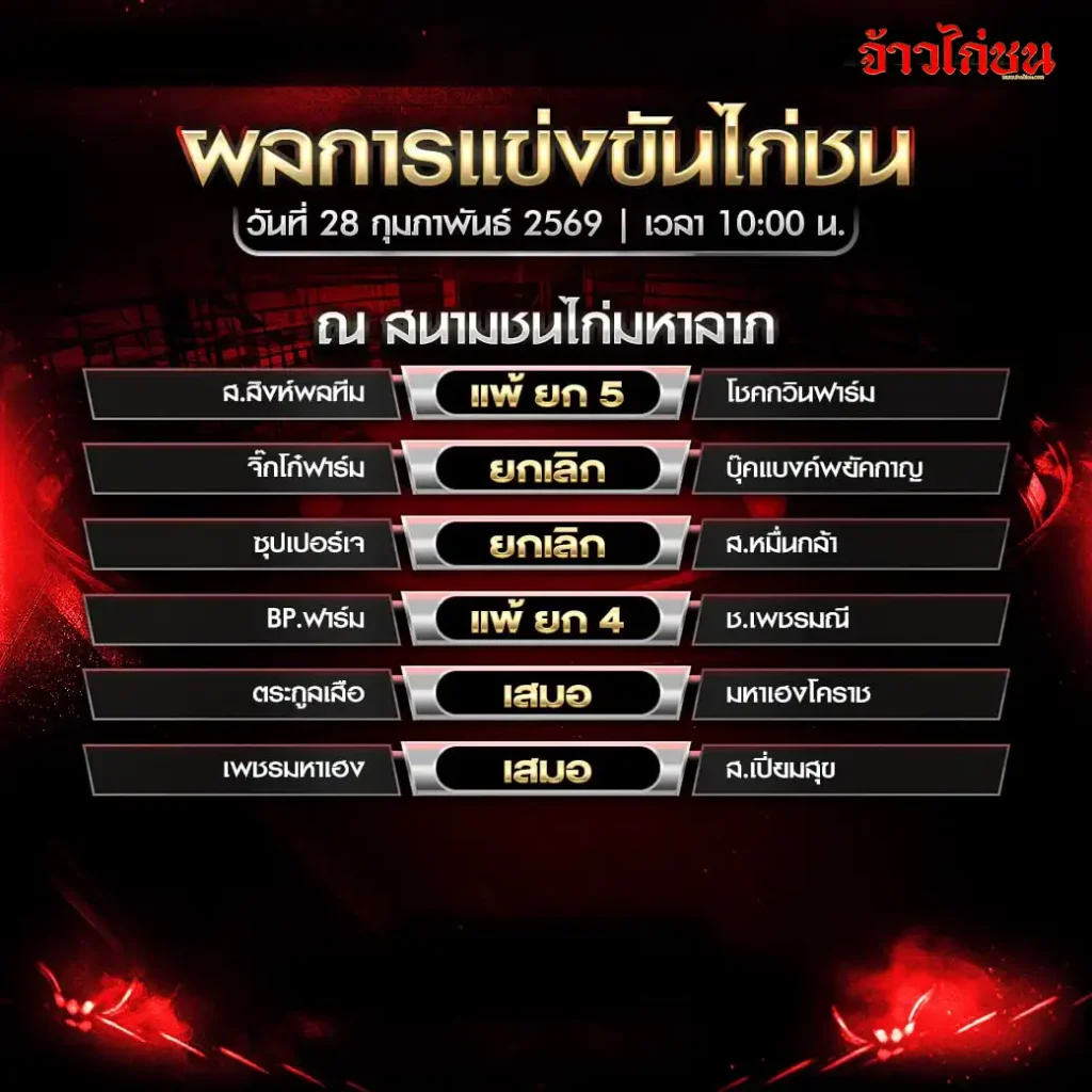 สรุปผลไก่ชน สนามมหาลาภ วันที่ 28 กุมภาพันธ์ 2569 ครบ 7 คู่