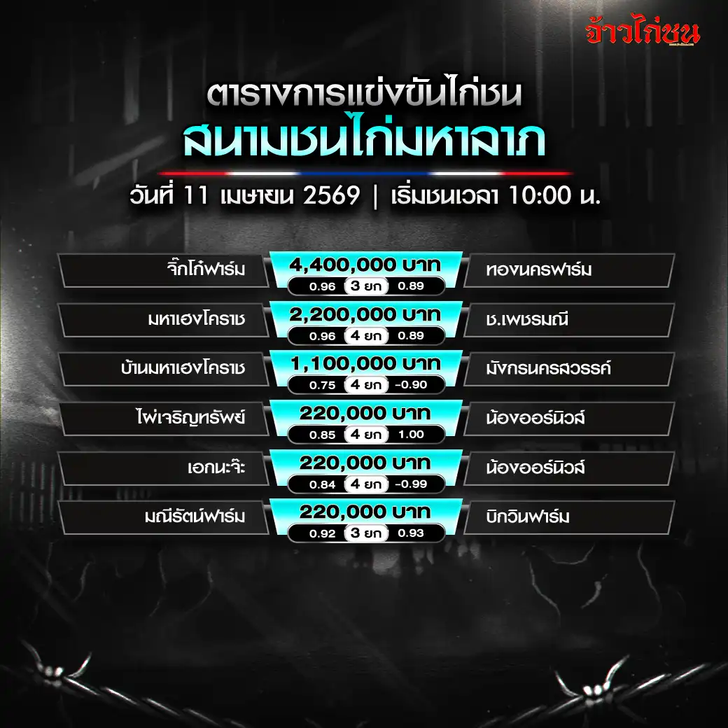 โปรแกรมไก่ชน สนามชนไก่มหาลาภ 11 เมษายน 2569