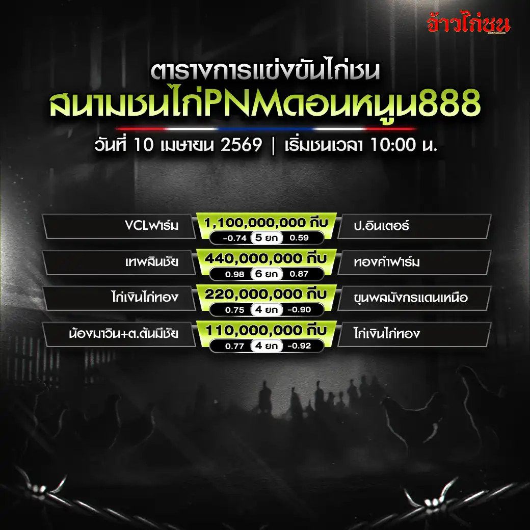 โปรแกรมไก่ชน สนามชนไก่ PNM ดอนหนูน888 10 เมษายน 2569