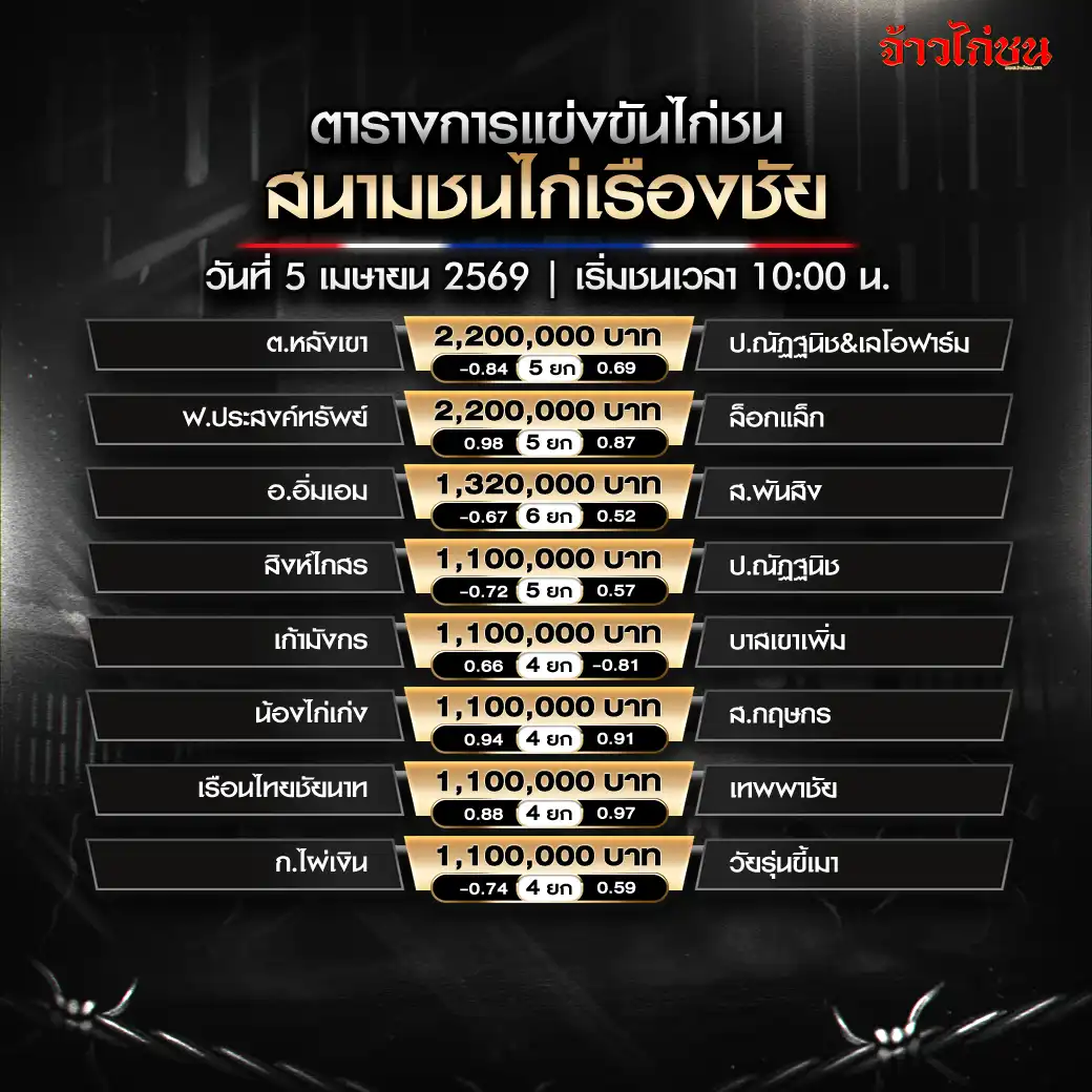 โปรแกรมไก่ชน สนามชนไก่เรืองชัย วันที่ 5 เมษายน 2569