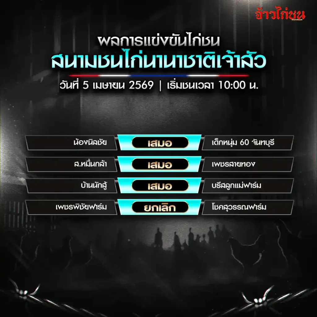 สรุปผลไก่ชน สนามชนไก่นานาชาติเจ้าสัว วันที่ 5 เมษายน 2569