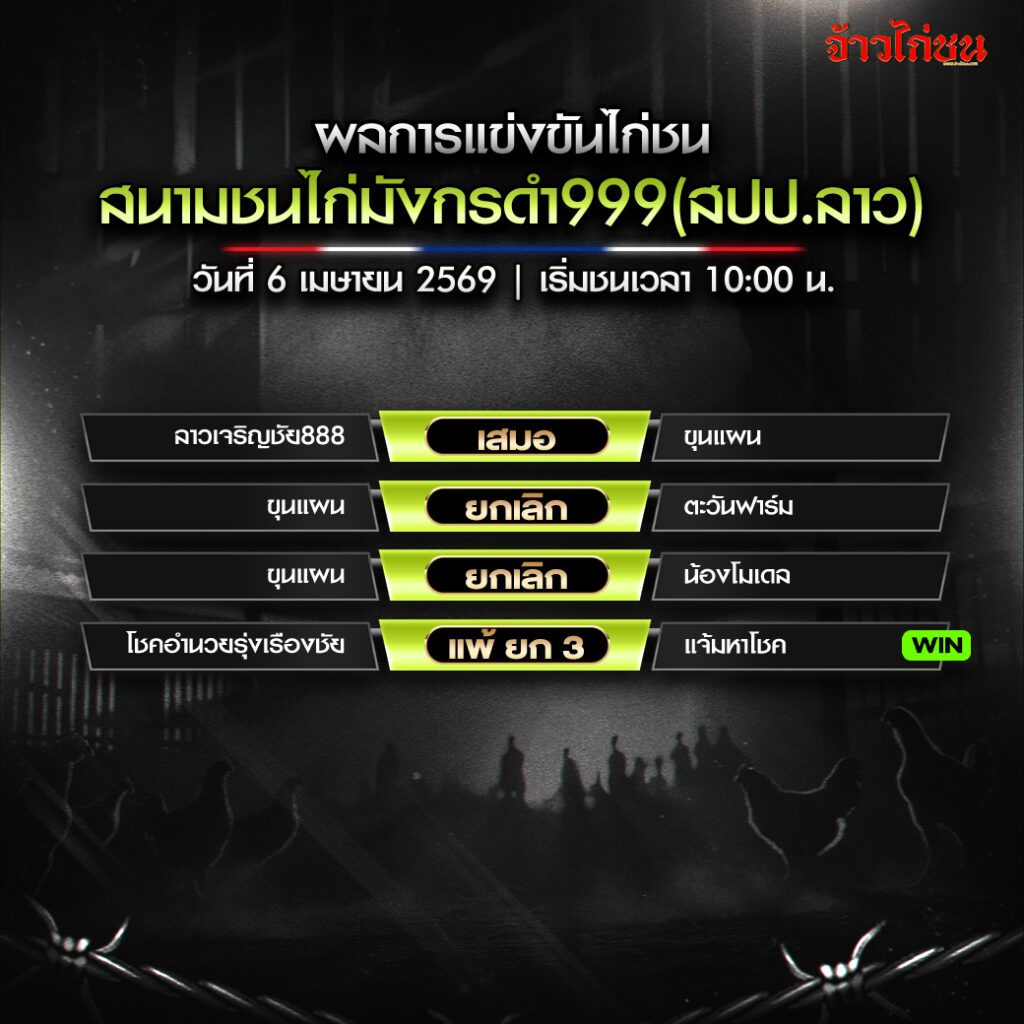 สรุปผลไก่ชน สนามชนไก่มังกรดำ999 วันที่ 6 เมษายน 2569