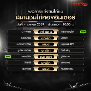 สรุปผลไก่ชน สนามชนไก่ทองอินเตอร์ 4 เมษายน 2569