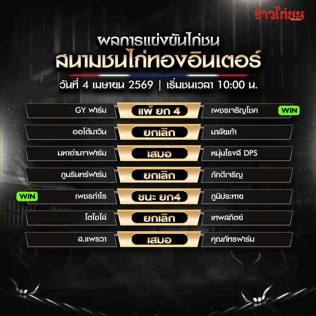 สรุปผลไก่ชน สนามชนไก่ทองอินเตอร์ 4 เมษายน 2569