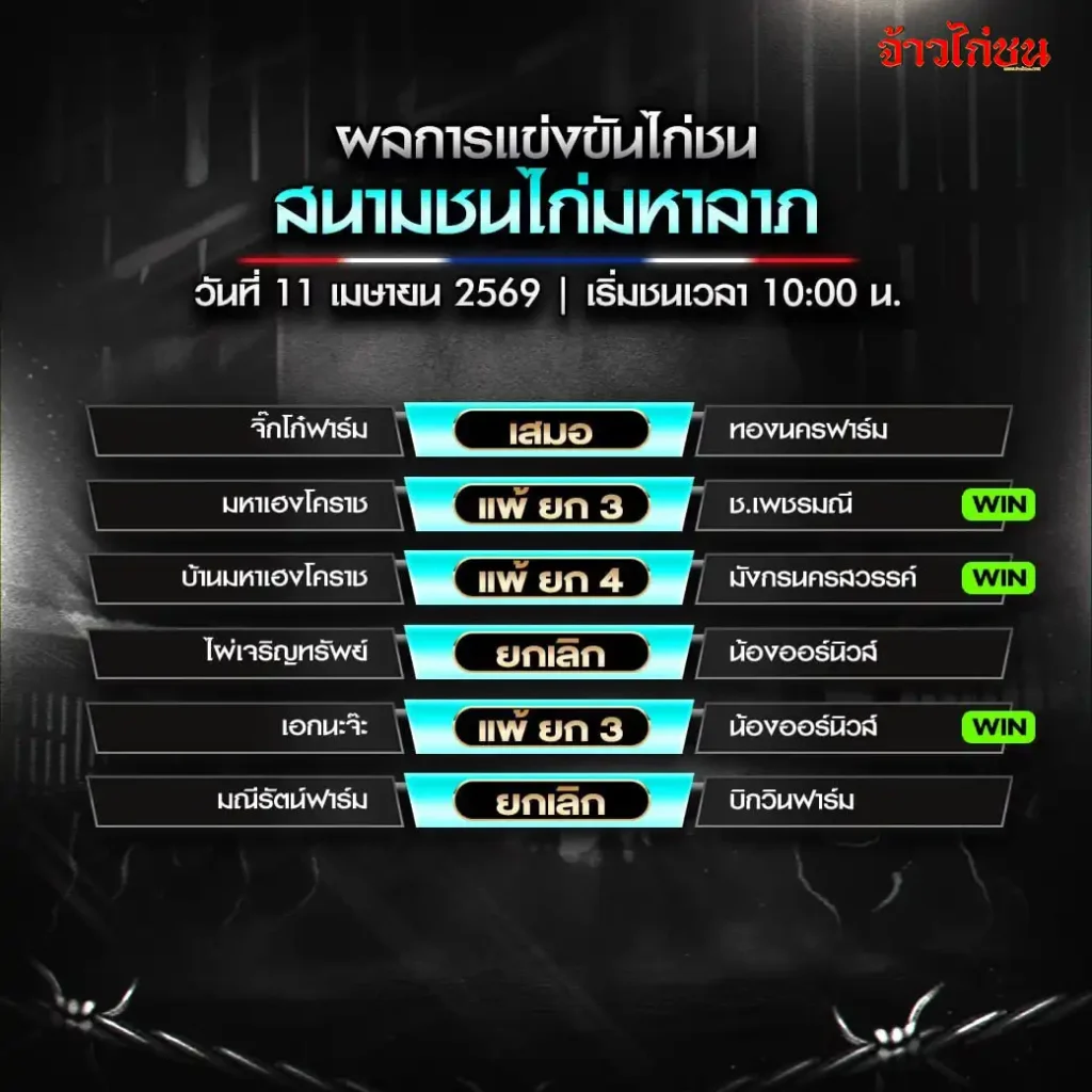 สรุปผลไก่ชน สนามชนไก่มหาลาภ 11 เมษายน 2569