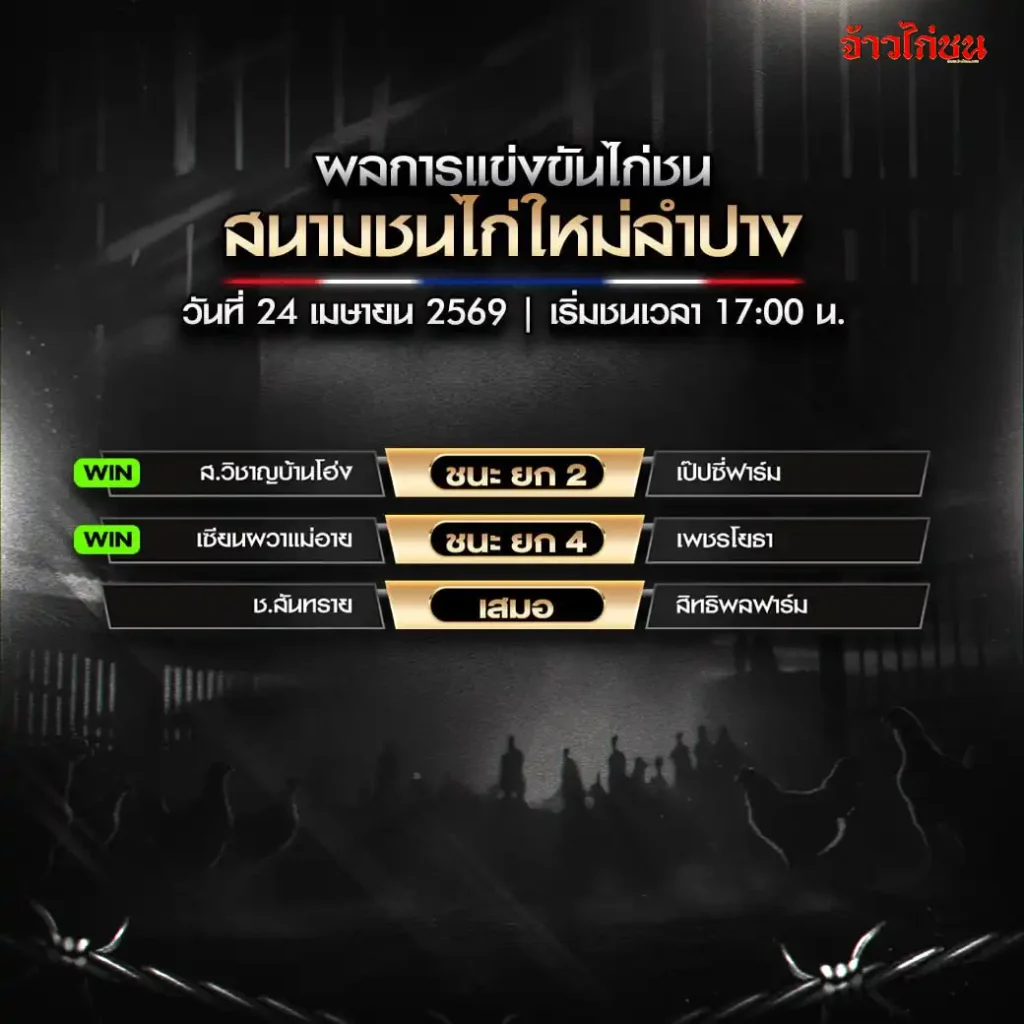 สรุปผลไก่ชน สนามชนไก่ใหม่ลำปาง วันที่ 24 เมษายน 2569