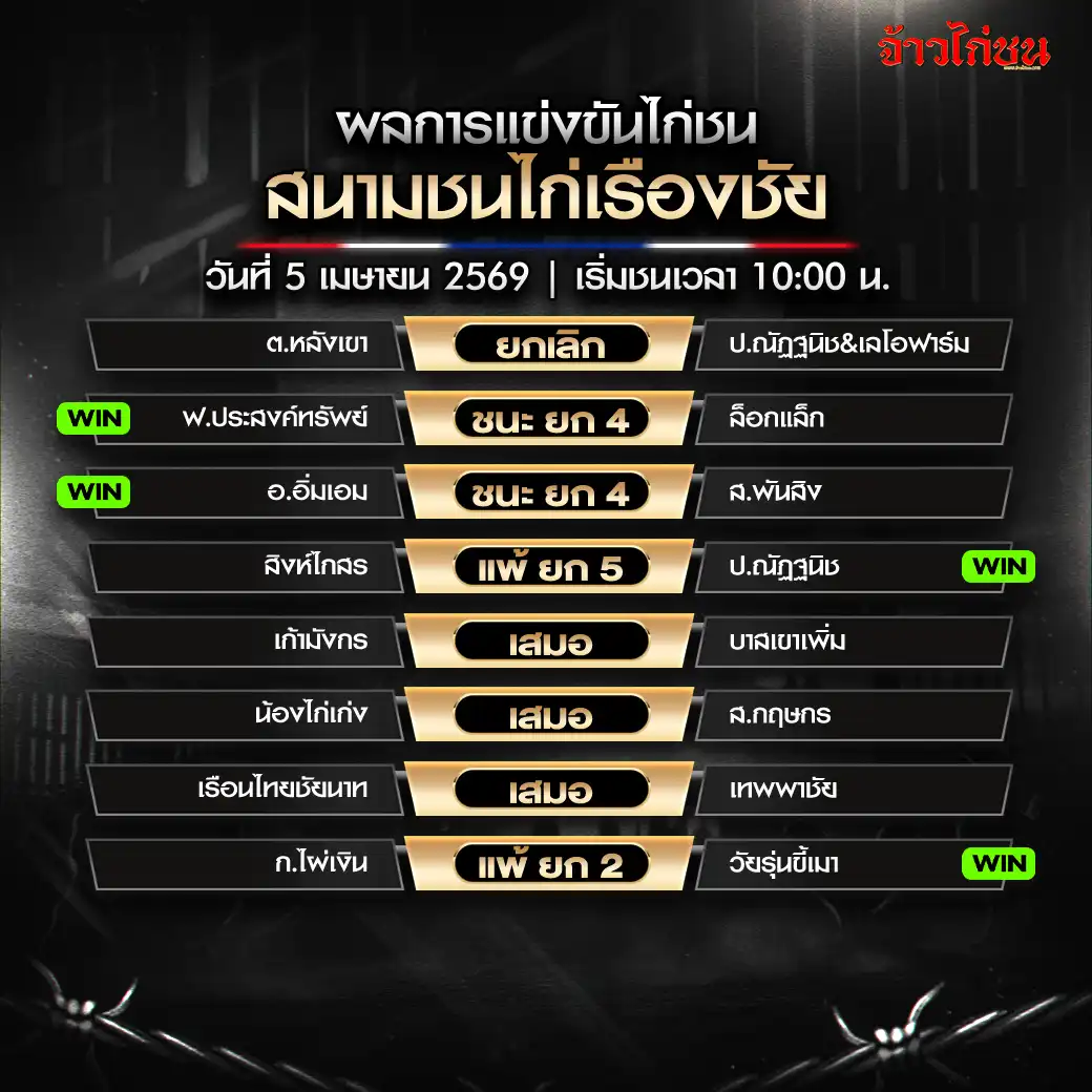 สรุปผลไก่ชน สนามชนไก่เรืองชัย วันที่ 5 เมษายน 2569