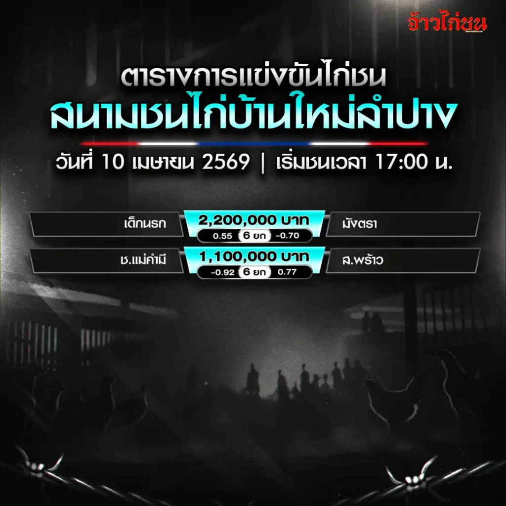 โปรแกรมไก่ชน สนามชนไก่บ้านใหม่ลำปาง วันที่ 10 เมษายน 2569