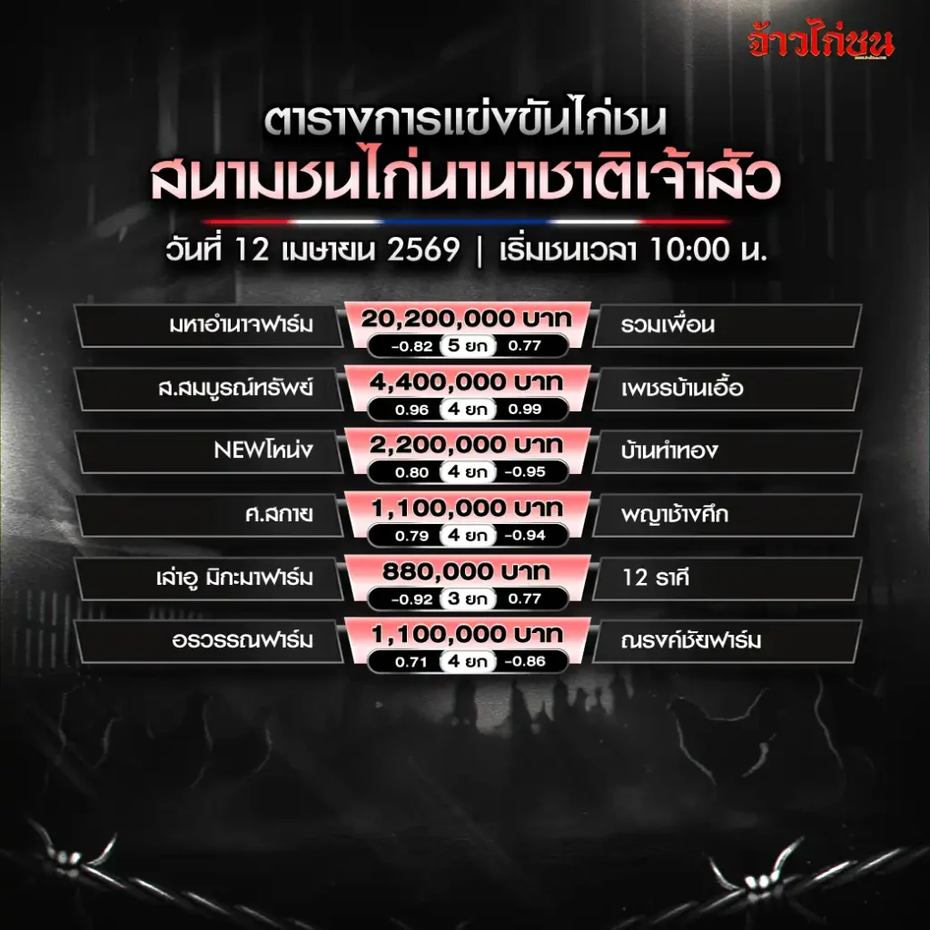 โปรแกรมไก่ชน สนามนานาชาติเจ้าสัว 12 เมษายน 2569