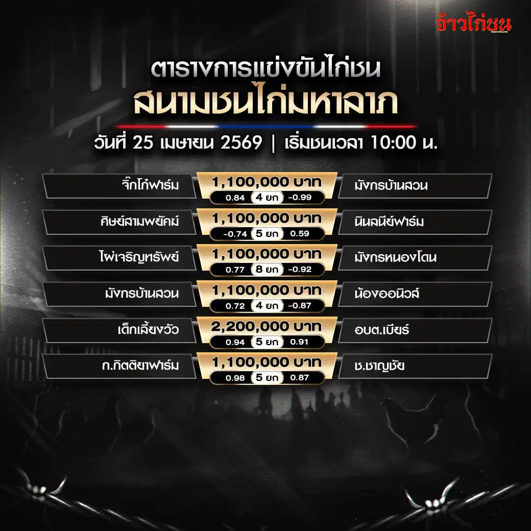 โปรแกรมไก่ชน สนามชนไก่มหาลาภ 25 เมษายน 2569