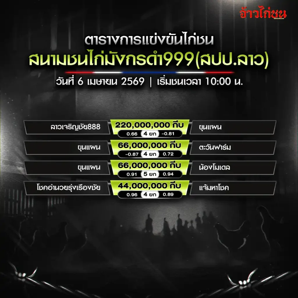 โปรแกรมไก่ชน สนามมังกรดำ999 วันที่ 6 เมษายน 2569