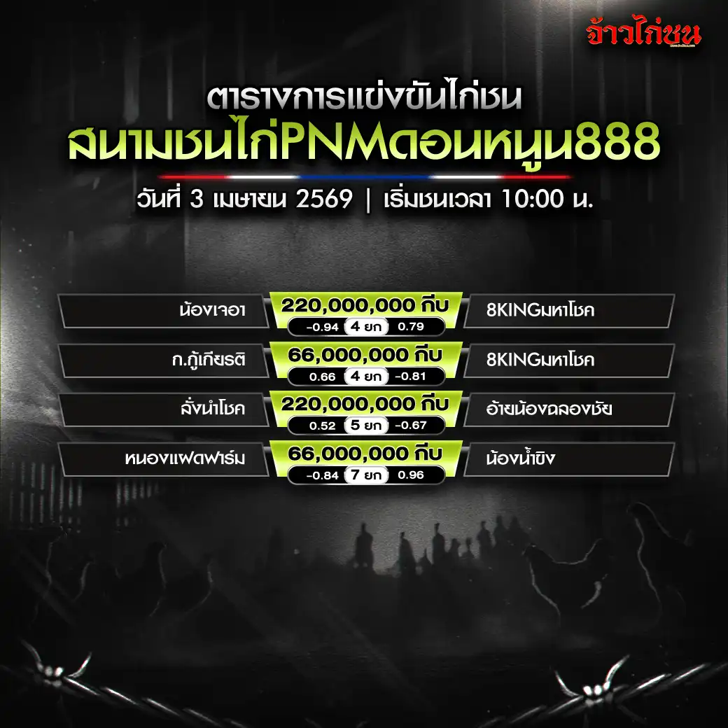 โปรแกรมไก่ชน สนามชนไก่บ้านใหม่ลำปาง 3 เมษายน 2569