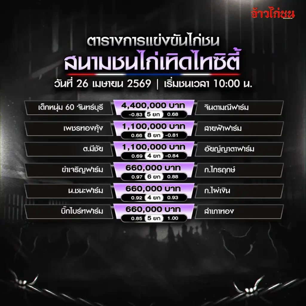 โปรแกรมไก่ชน สนามเทิดไทซิตี้ 26 เมษายน 2569