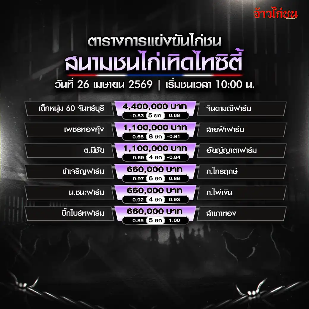 โปรแกรมไก่ชน สนามเทิดไทซิตี้ 26 เมษายน 2569