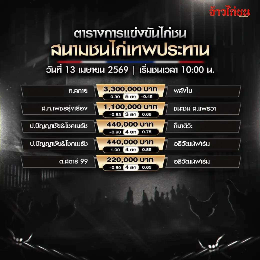 โปรแกรมไก่ชน สนามชนไก่เทพประทาน วันที่ 13 เมษายน 2569