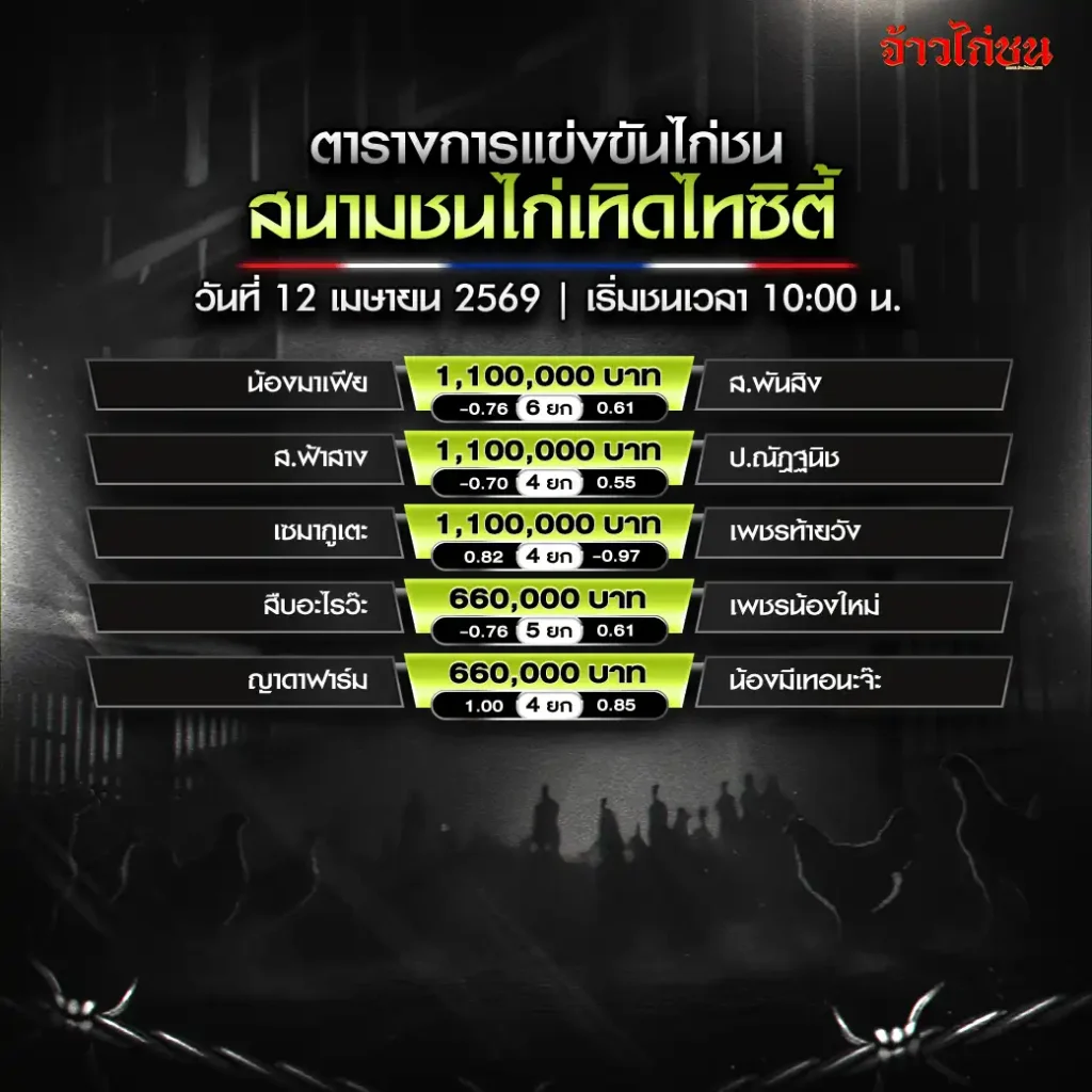 โปรแกรมไก่ชน สนามชนไก่เทิดไทซิตี้ 12 เมษายน 2569