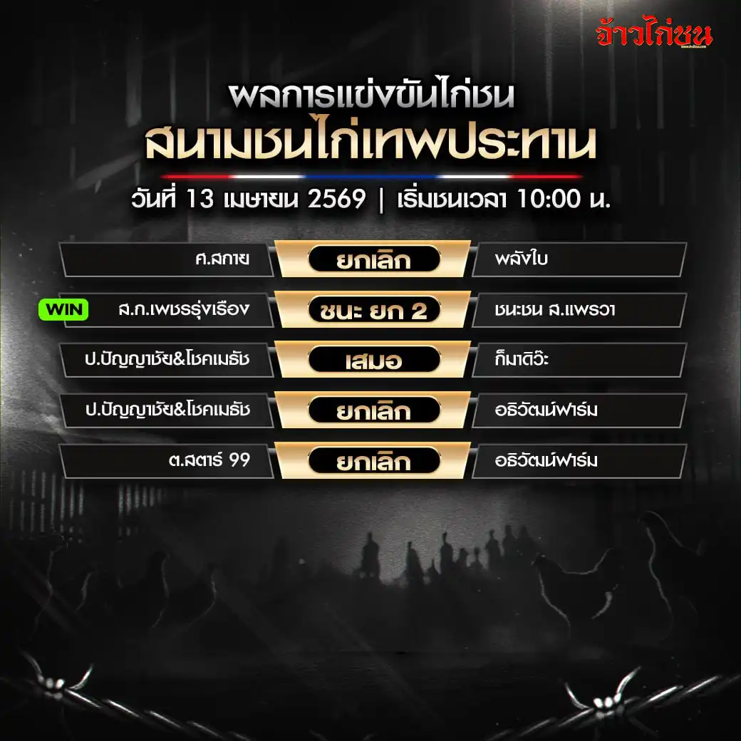 สรุปผลไก่ชน สนามชนไก่เทพประทาน วันที่ 13 เมษายน 2569