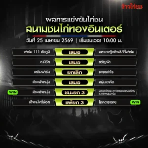 สรุปผลไก่ชน สนามชนไก่ทองอินเตอร์ 25 เมษายน 2569