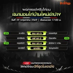 สรุปผลไก่ชน สนามชนไก่บ้านใหม่ลำปาง 29 พฤษภาคม 2569