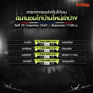 โปรแกรมไก่ชน สนามชนไก่บ้านใหม่ลำปาง วันศุกร์ที่ 29 พฤษภาคม 2569