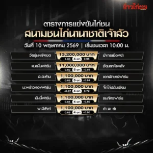 โปรแกรมไก่ชน สนามชนไก่นานาชาติเจ้าสัว 10 พฤษภาคม 2569