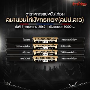 โปรแกรมไก่ชน สนามชนไก่มังกรทอง 7 พฤษภาคม 2569